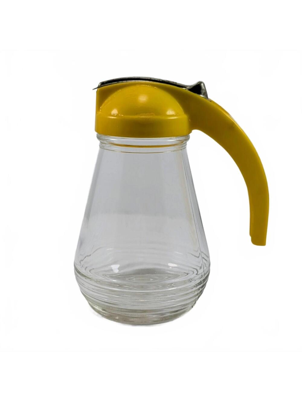 Vtg Retro Clear Glass & Yellow Handle Syrup Dispenser